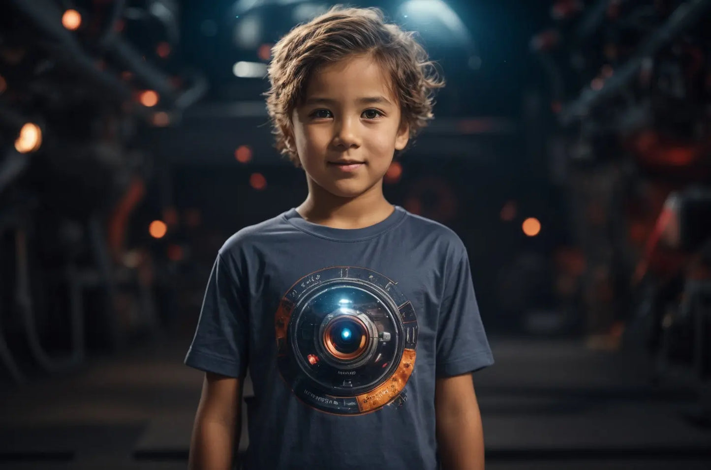 A young child wearing a navy t-shirt with a circular logo on the front, standing in a room with various mechanical and scientific equipment.