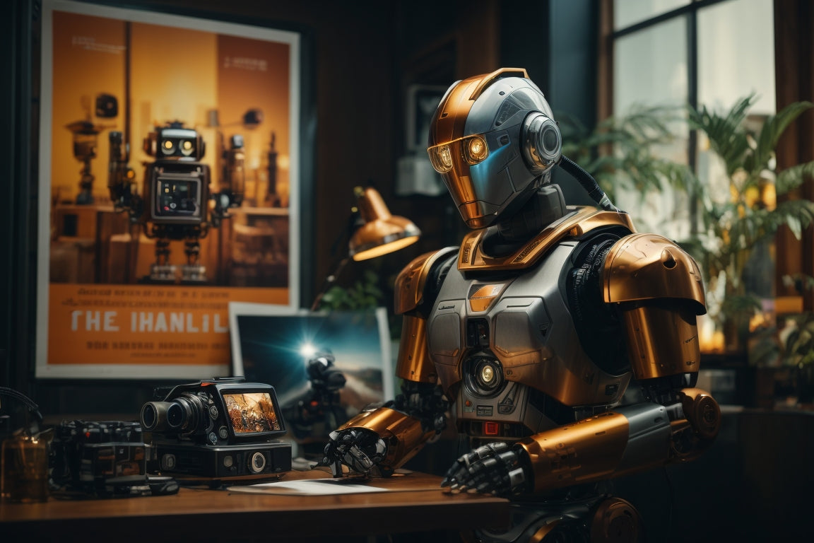 A gold-colored humanoid robot sitting at a table with a blueprint in front of it, giving the impression of an inventor.