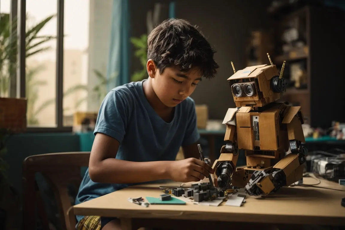 A child is building a small robotic toy with a circuit board and plastic components at a table.