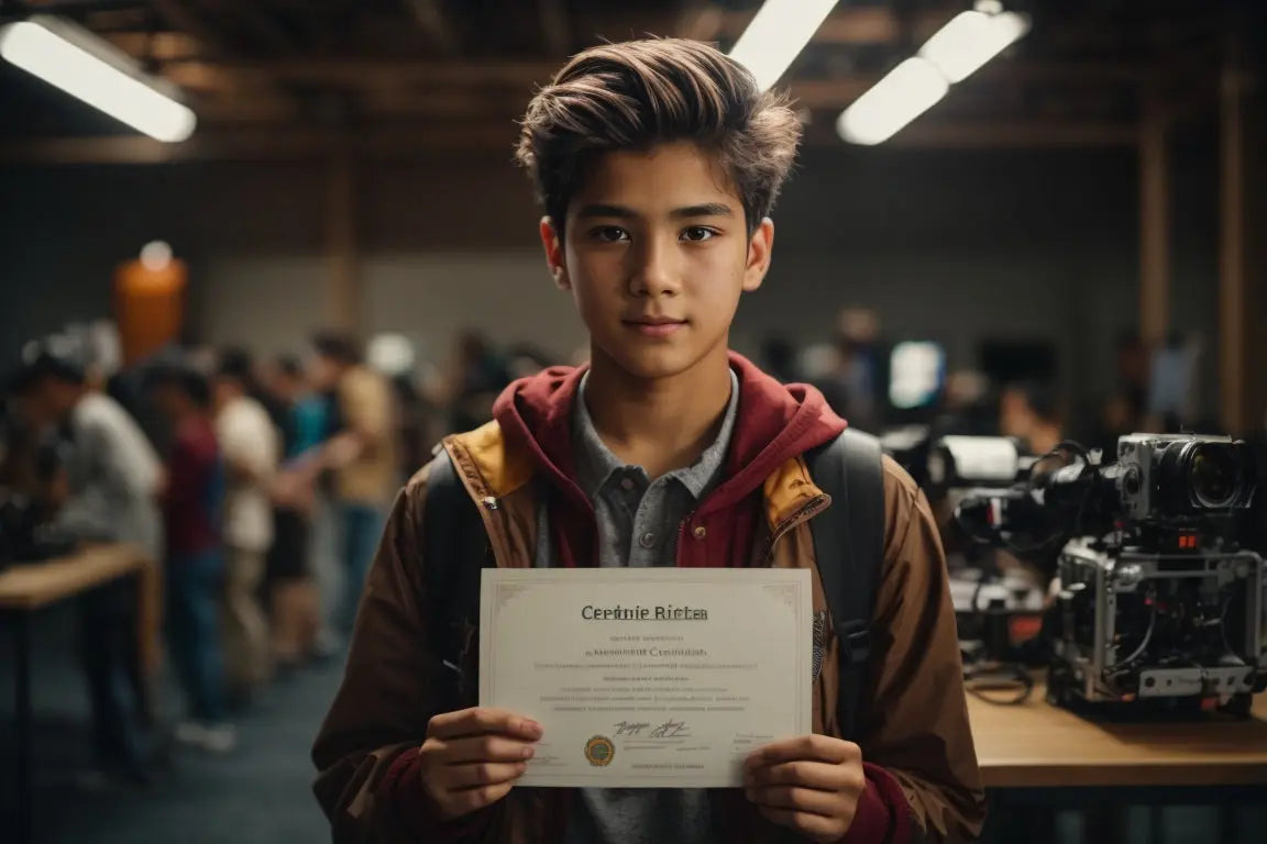 A young person holding a Junkbot Inventor Certificate, standing in a room full of people with various cameras and equipment set up around.