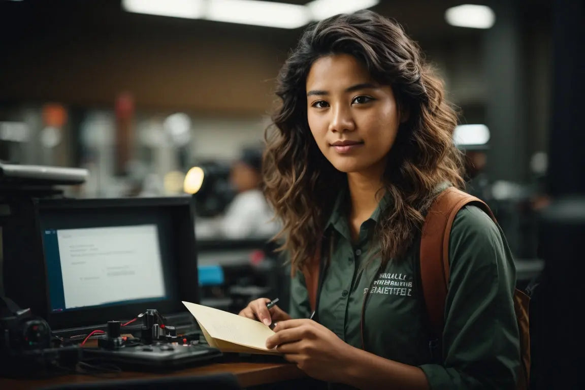 A person standing at a desk with a computer monitor, writing on a piece of paper, and wearing a green jacket and backpack.