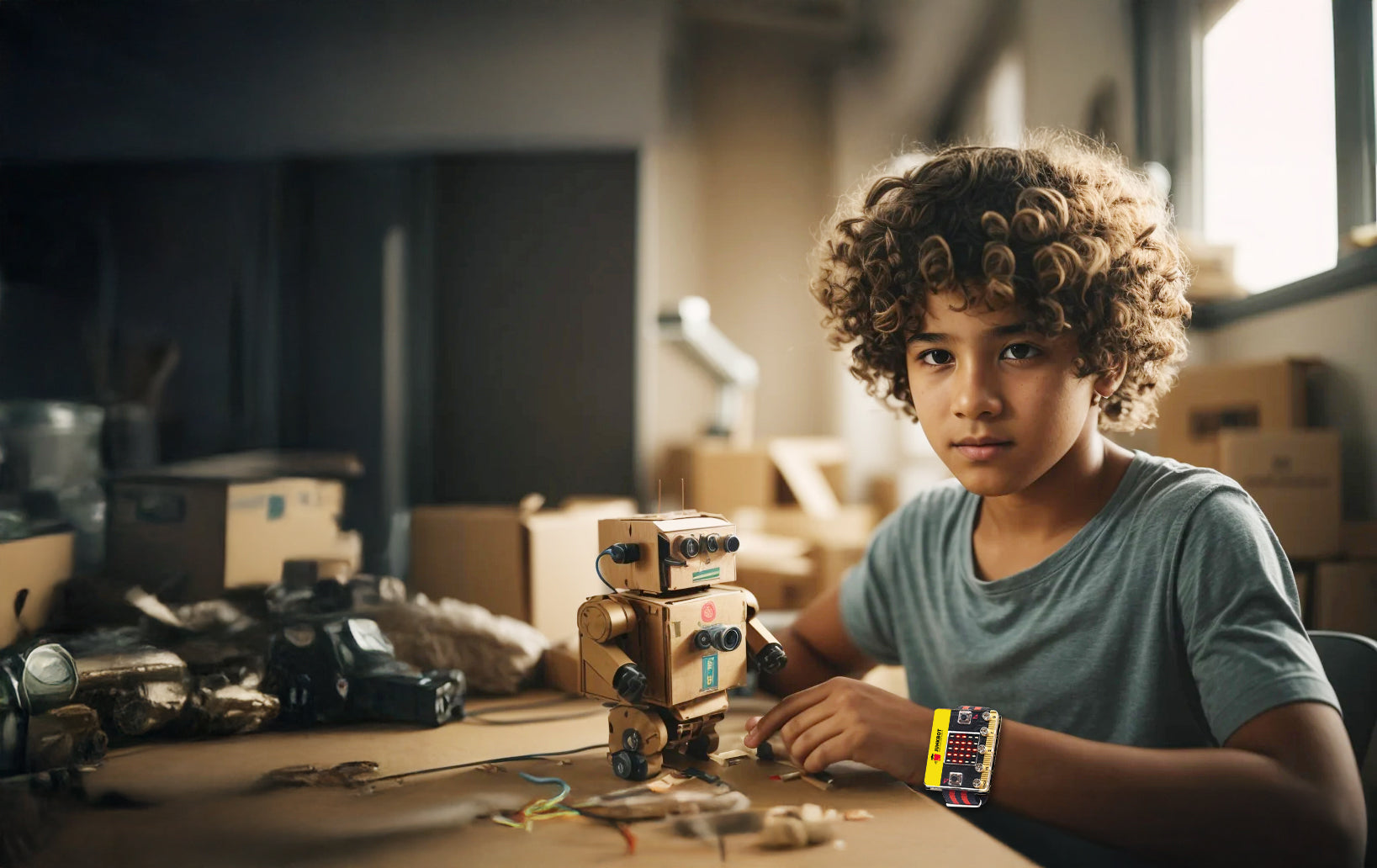 A child sitting at a table with various construction materials, wearing a Junkbot Robo Watch.