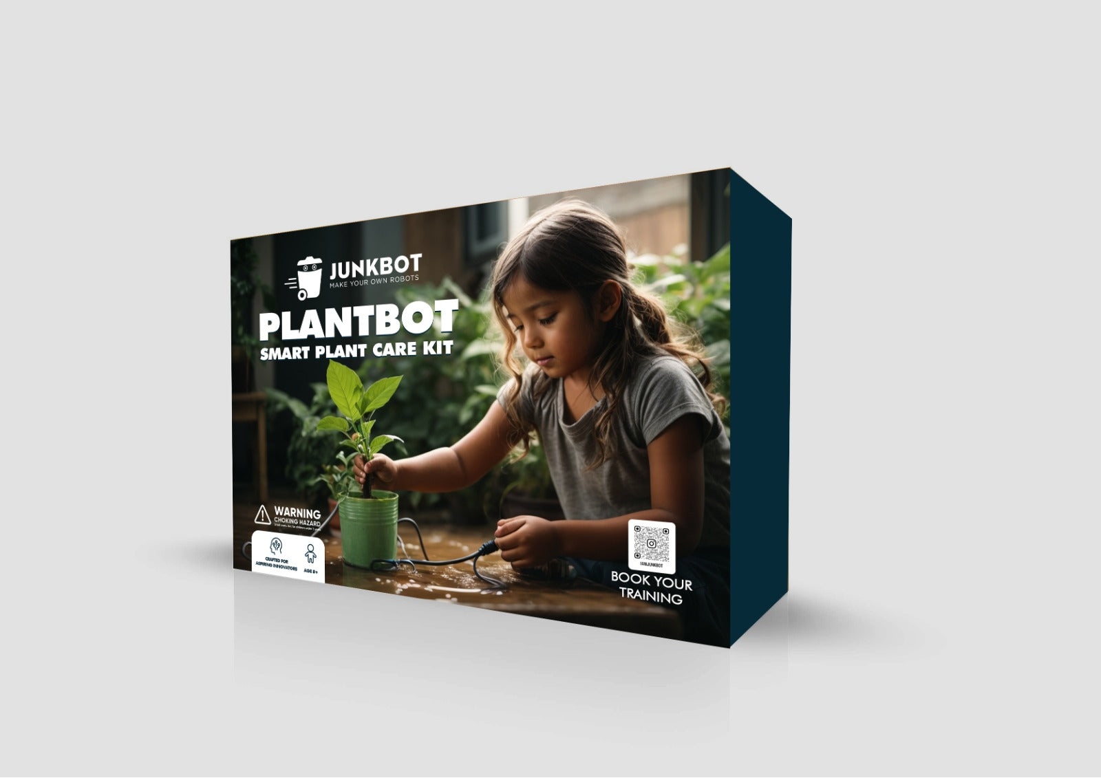 Packaging for the Junkbot Plantbot Smart Plant Care Kit, featuring the product name and an image of a child tending to a plant.