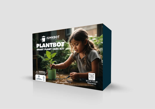 Packaging for the Junkbot Plantbot Smart Plant Care Kit, featuring the product name and an image of a child tending to a plant.