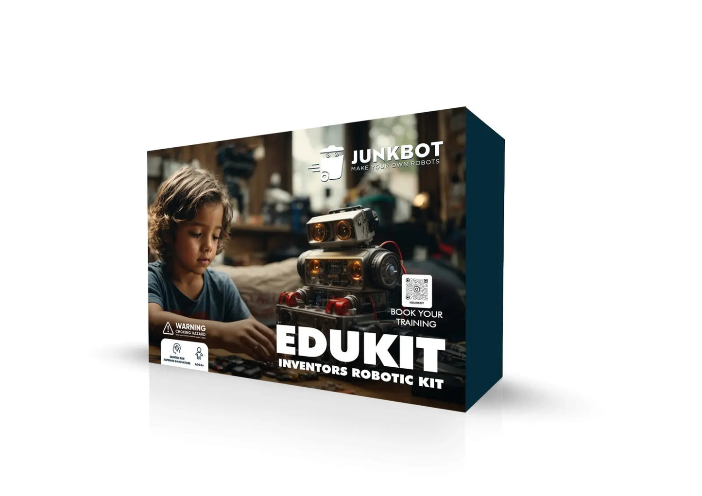 Packaging for the Junkbot EduKit Robotic Innovators Kit, featuring the box with a child interacting with a small robot toy, and the text 'Book Your Innovators Kit Now'.