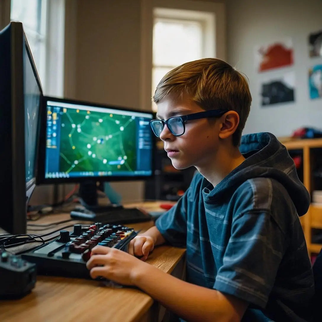 A young boy sitting at a desk with a computer monitor displaying a game design interface, playing a game with a controller in his hand.