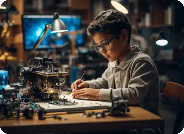 Child building a robotics project in a workshop