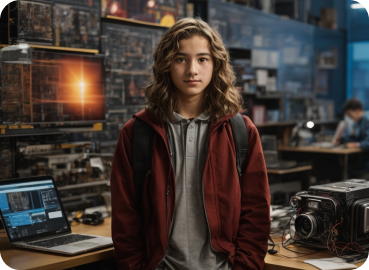 A student standing in a lab setting with a poster board, laptop, and various equipment in the background, wearing a red jacket and a grey shirt.