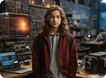 A student standing in a lab setting with a poster board, laptop, and various equipment in the background, wearing a red jacket and a grey shirt.