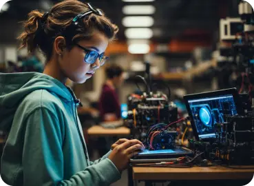 A young woman wearing glasses and a hoodie, sitting at a desk with a laptop and various electronic components around her, presumably enrolled in a robotics and AI course with game development focus.